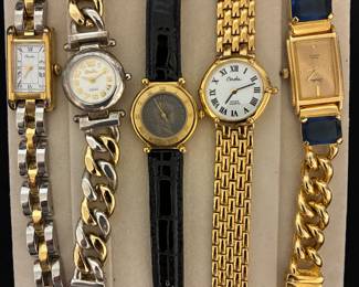 Carolee Watches - two-tone finish, black leather strap with coin face detail, gold mesh and gold with blue stone details