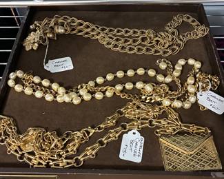 Carolee Chain Belts - Textured chain with Autumn charms in leaves and acorns, Classic Pearls and Chain and Iconic quilted metal envelope on classic chain - envelope actually functions and opens