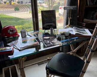 Glass top desk with chair and magazine rack