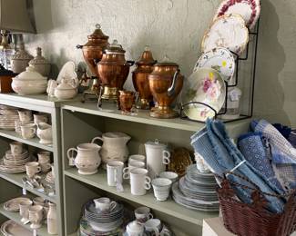 Copper Coffee and Tea service, hand painted plates, placemats. Pfaltzgraff "Tea Rose".