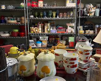 Our Kitchen is full of bakeware, appliances, coffee makers, dishes, mid century cannisters, great unique gifts