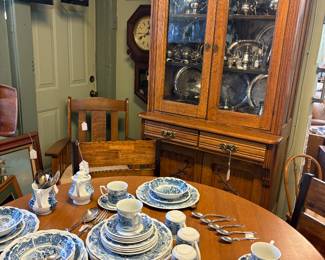 Oak Kitchen Cabinet in excellent condition. Blue and White "Hurrah" Blue and White by Meakin
