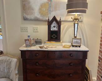 Beautiful marble top chest, steeple clock, modern lamp
