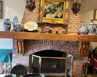 Copper pots, ginger jars, fireplace tools