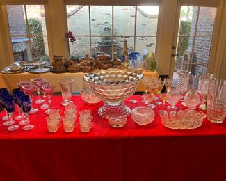 Huge Fostoria punch bowl, colored stemware