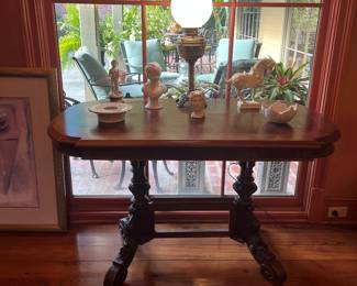 Antique library table, electrified oil lamp