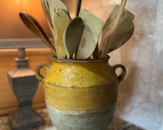 Pair French confit jars, ochre glaze. Date to 18th or 19th century 