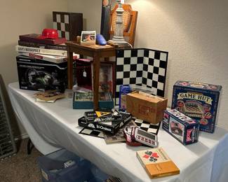 Board games, vintage Autobridge with expansion packs, vinyl records, playing cards, vintage card games