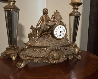 Mirrored candlesticks, 1800’s occasional table, ornate brass clock (makers marks present)