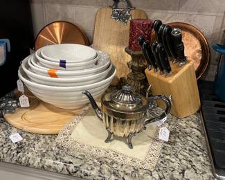 Italian mixing bowls, cheese boards, vintage Pier 1 everyday dishes, cutlery, copper pans