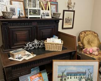 Antique writing desk, framed original art, craft supplies