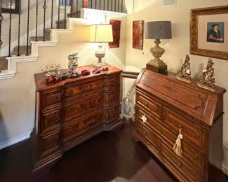 Antique secretary, Italian writing desk, artwork, lamps, assortment of silk tassles