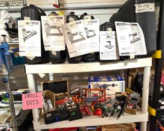 Multiple power tools - stapler, nailers (top shelf), Huge selection of common and specialty drill bits 