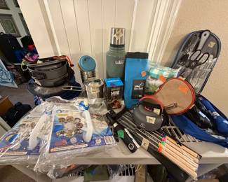 New camping gear - outdoor dining and cooking utensils (kettle, silverware, water collection, cups, pots and pans) 