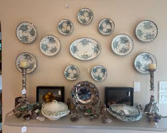 Rorstand Anna pattern china, platter, large plate, small plates; silver platter, candlesticks