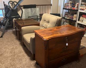 Inversion table, reclining accent chair, Louis Philippe chest of drawers