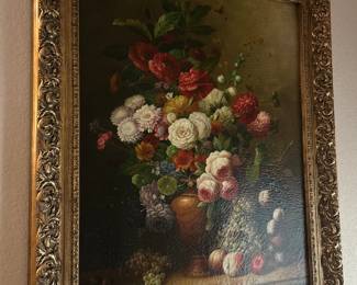Large framed still life oil painting, floral. Beautiful gold frame - classic and wonderful for a large space. 3.75” x 4.25” 