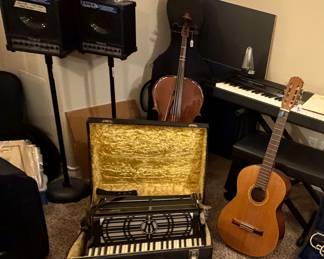Werlitzer Accordian in carrying case (both in excellent condition), vintage guitar, cello with hard and soft carrying cases