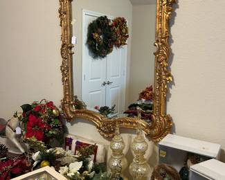 Christmas decorations, framed vintage mirror