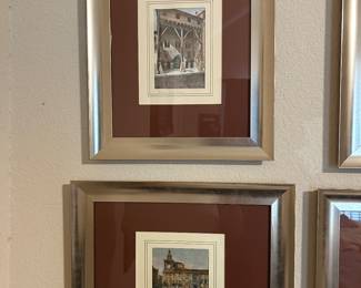 Italian colored etchings of Bologna, Italy. Signed, framed - set of 4.