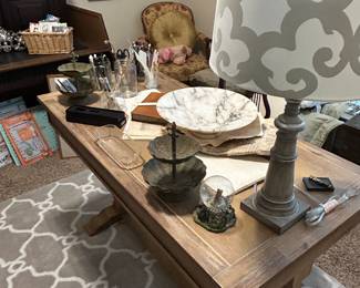 Officer desk, alabaster compote, lamps, side tables, framed antique art