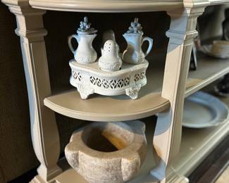 Thomasville buffet, primitive Swedish and Italian stone pestles, Italian ceramic salt & pepper, oil & vinegar set