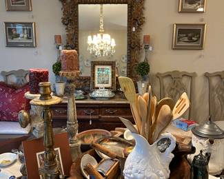 Framed original art (Italian, oil on canvas and oil in board), large primitive wooden Bata bowl (superb!), kitchen primitives 