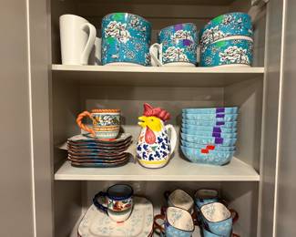 Temptations by Tara Floral Lace dishes (bottom two drawers - mugs, bowls, large and small plates) 222 Fifth Adelaide Turquoise bowls (top shelf) 