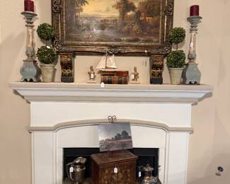 Vintage wood chest, Oil Painting with gorgeous gold frame, candlesticks