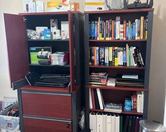 keyboards, bookcase, filing cabinet, power strips, surge protectors, label makers, echo dot