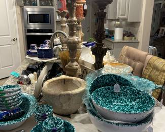 Italian pottery green speckle sponge ware, antique and primitive French and Italian stone mortars 