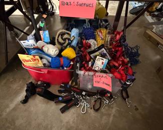 Various ropes, tie downs and straps, various cleaning supplies 