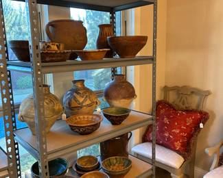 Ancient Chinese and middle eastern wine amphoras, antique Turkish pottery, dining table and 6 chairs 