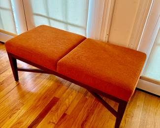 In Style of The Maddox Bench this split seat orange fabric bench made by Shelby Williams 2 available