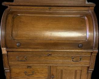 Antique Victorian Roll-Top Secretary Desk C-Roll. Eastlake Design. Carved Wood Writing Desk. Pull-out writing surface, double door cabinet, brass hardware