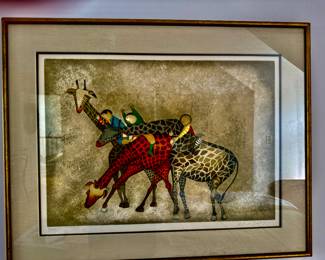 a framed art print titled "Giraffes," created by the Bolivian artist Graciela Rodo Boulanger in 1980.  Pencil signed and numbered 161/200