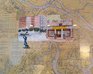 Vintage Framed Tybee Map with additional Painting