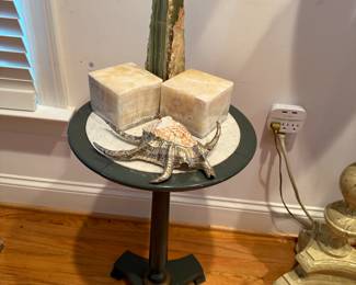 Green Onyx Obelisk with 2 marble cube stands and silver dipped spider conch shell  on antique pedestal table