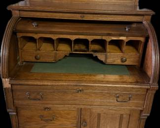 Antique Victorian Roll-Top Secretary Desk C-Roll. Eastlake Design. Carved Wood Writing Desk. Pull-out writing surface, double door cabinet, brass hardware