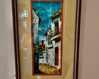 vintage oil painting of a Spanish village scene