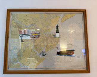 Vintage Framed Tybee Map with additional Painting