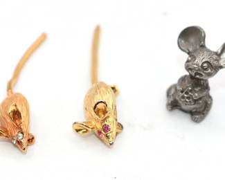 2 gold tone mouse pins and 1 mouse figurine