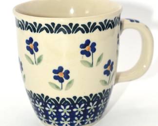 Hand made Polish pottery blue daisy mug