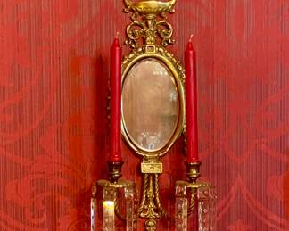 HOLLYWOOD REGENCY MIRRORED WALL SCONCE WITH CRYSTAL PRISMS