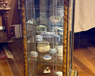 CURIO STYLE CABINET WITH BURL WOOD MADE EXCLUSIVELY FOR FIFTH AVENUE FURNITURE, MORE TRINKET BOXES INCLUDING WEDGWOOD