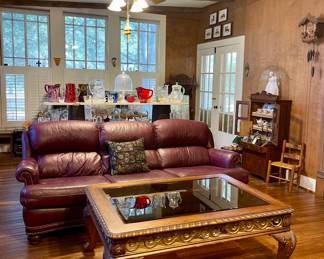 LEATHER COUCH, GLASS TOP COFFEE TABLE