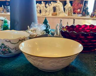 LENOX JOYS OF CHRISTMAS BOWL, LENOX FRUITS OF LIFE BOWL, RUBY RED FOSTORIA AMERICAN PATTERN GLASS BOWL