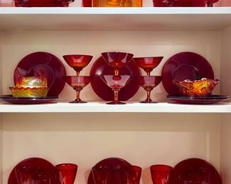 VINTAGE RED GLASSWARE-AMBERINA, MCM ORANGE GLASS APOTHECARY JAR, AMBERINA HEN ON NEST-LE SMITH