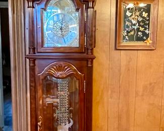 VINTAGE HOWARD MILLER GRANDFATHER CLOCK, FRAMED BROOCH ART BY MERRILL LUMAN