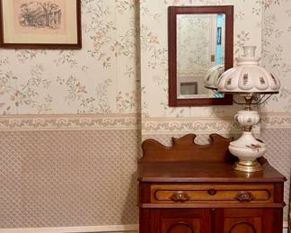 ANTIQUE WASHSTAND, VINTAGE GONE WITH THE WIND LAMP